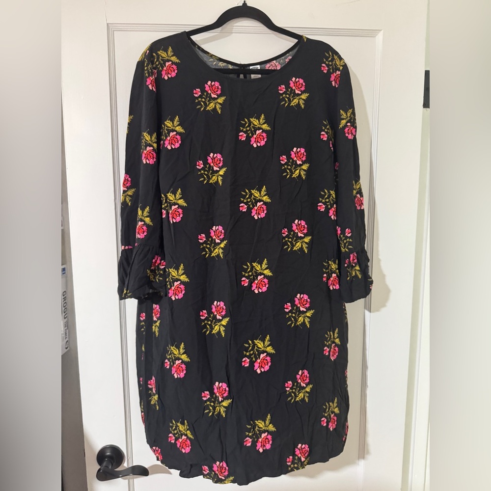 Old Navy Black Dress with Pink and Green Floral Design